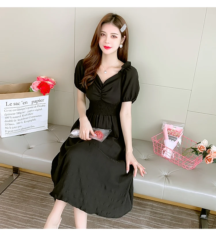 

Plus Big Size 2021 Spring Summer New Women V-Neck Short Sleeve Red Black Midi Dresses WS0022