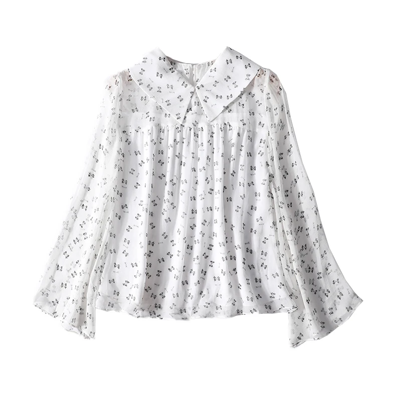 

New 100% silk Youth led small broken flower butterfly doll visual relaxed a5787 show thin silk loose shirt