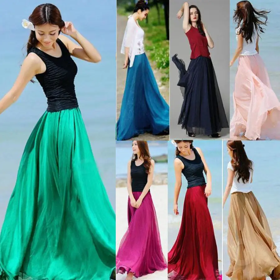 

New Womens Summer Dress Elastic Waist Double Layer Chiffon Long Maxi Beach Dress