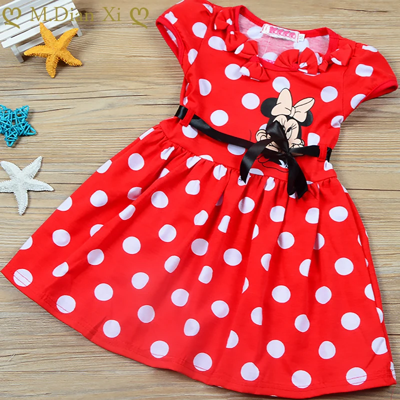 

Infant Newborn Baby Girls Cartoon Minnie Print Stitching Polka Dots Belt Dress Pure Cotton Shortsleeve Baby Girls Dress 1-6Years