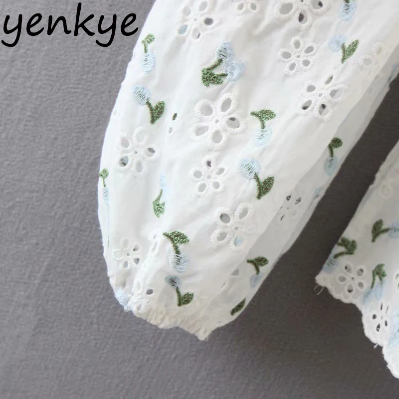 

Sexy Hollow Out Embroidery Blouse Women Bow Tie Shoulder Long Sleeve Sweet Tops Modern Lady Square Neck Hem Asymmetry Summer Top