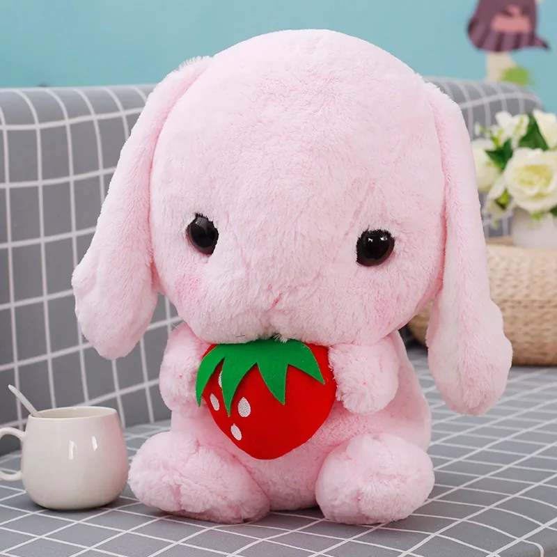 

[Funny] 45cm Kawai Long Ears Rabbit eating strawberry Plush toy pillow soft Stuffed Animal toys Lifelike Appease doll baby gift