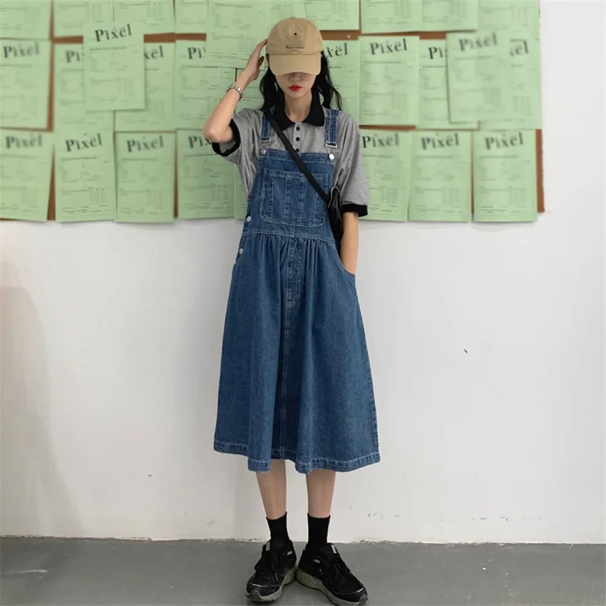 

Preppy Style Fashion Denim Dress Women Sleeveless Midi-calf Jeans Sundress Korean Vintage Suspender Dresses Robe Femme