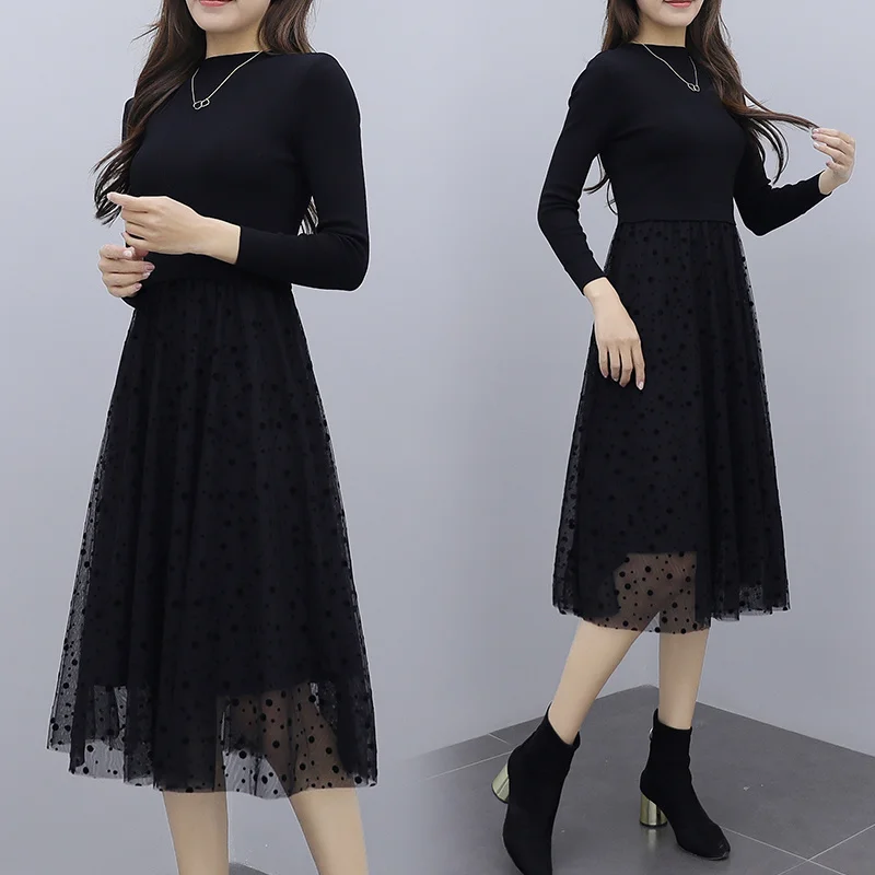 Осенне-зимнее вязаное платье женское длинное платье-свитер выше колена черное - Фото №1
