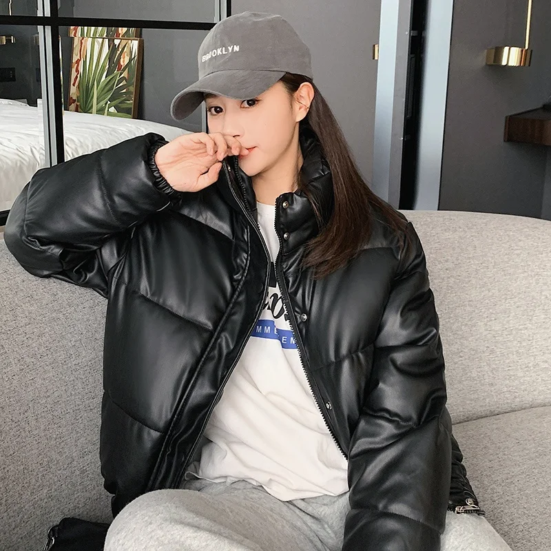 

Thick Parkas Women Streetwear Stand-up Collar Loose Black Bubble Coat Female Korean PU Leather Puffer Jacket Warm Winter New