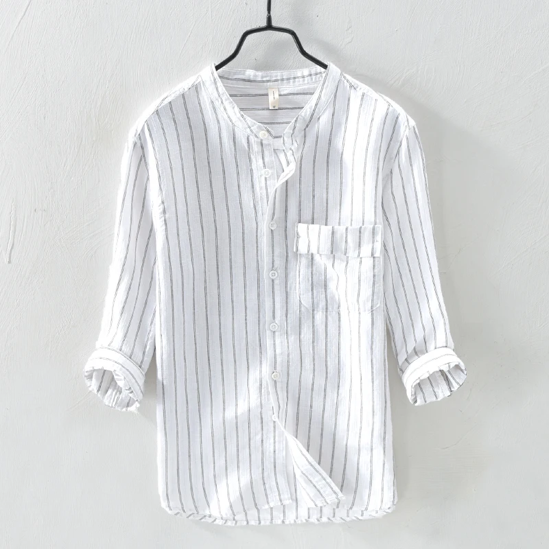 

Striped Shirt for Men Three Quarter Sleeve Vintage Tops Autumn New Male Casual Cotton Linen Stand Collar Clothes White Shirt