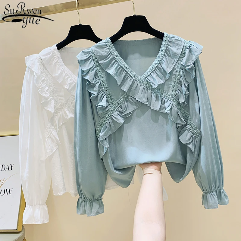 Однотонная зеленая шифоновая блузка с длинным рукавом осень 2021 Женские топы и