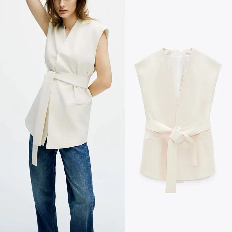 

Женский жилет без рукавов Za, офисный жилет оверсайз с V-образным вырезом и двумя прорезными карманами, весна 2021