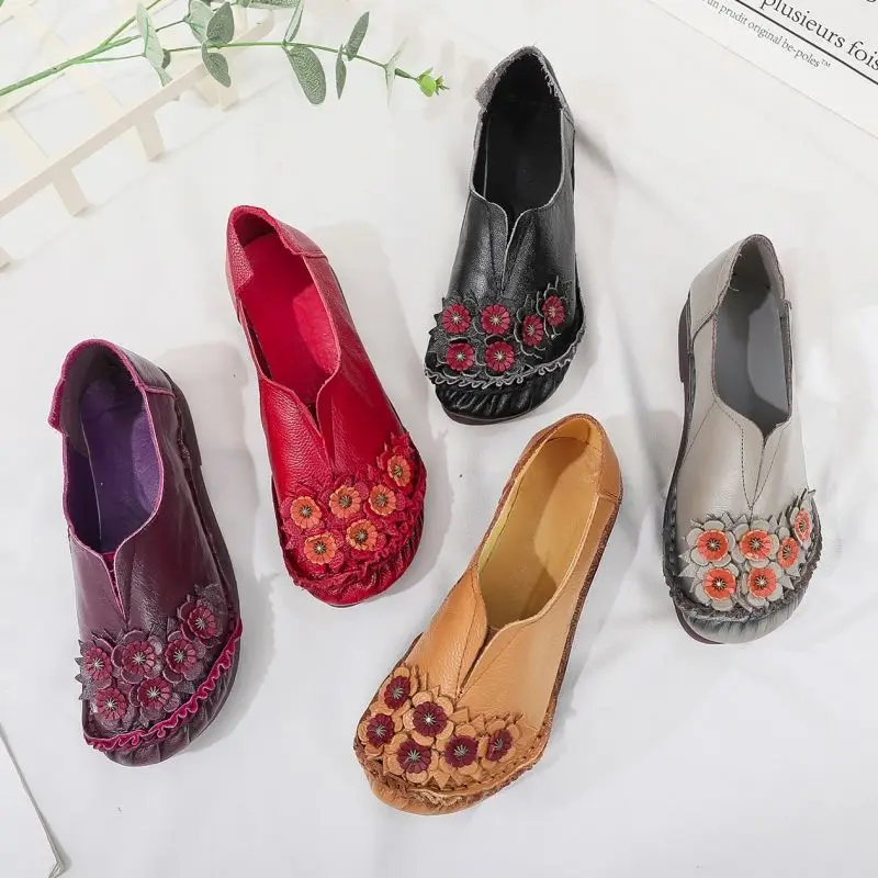 Top Quality Real Leather Shoes Women's Ballet Flats Floral Moccasins Ladies Vintage Luxury Loafer Waterproof Wide Fit Chic Shoes