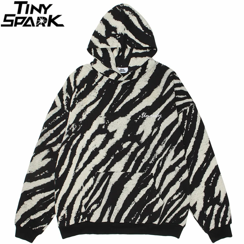 

Oversize Hoodie Washed Sweatshirt Men Hip Hop Streetwear Zebra Striped Pullover 2021 Autumn Harajuku Cotton Hooded Sweatshirt