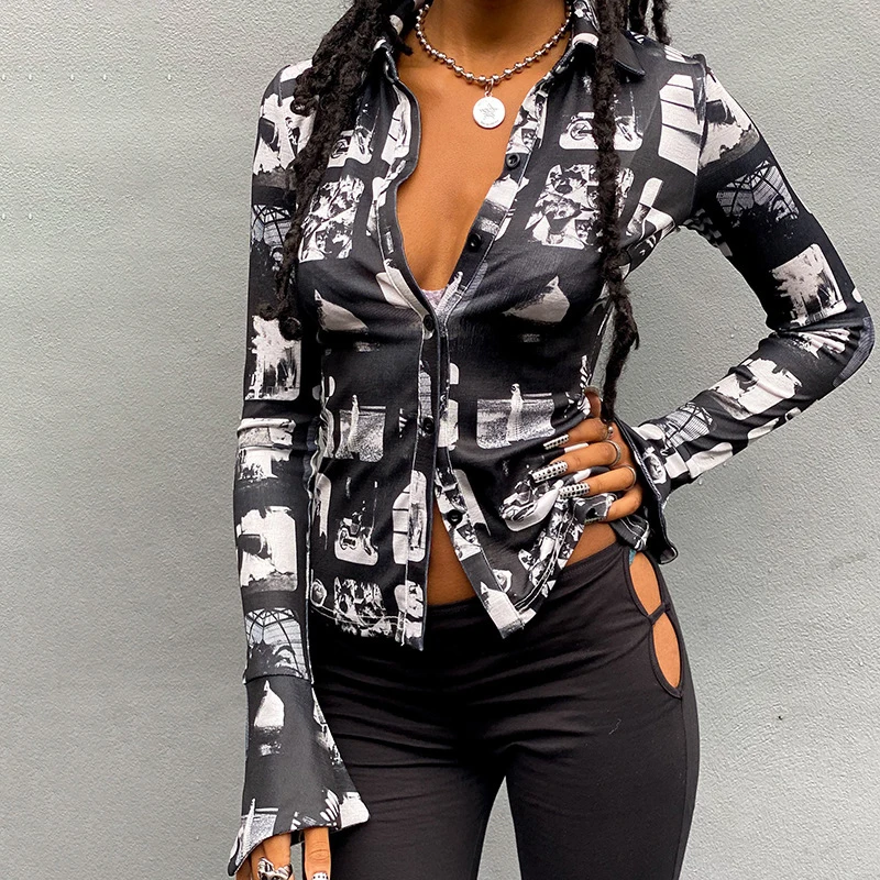 

Trf Women Print Long Sleeve Shirt Sexy crop top Techwear Button Up Blouse xnwmnz slim tunics kpytomoa tuniki E Girl Tops Clothes