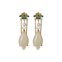 s925 sterling silver gold plated cloisonne hetian jade pearl stud earrings retro chinese style water drop tassel earrings