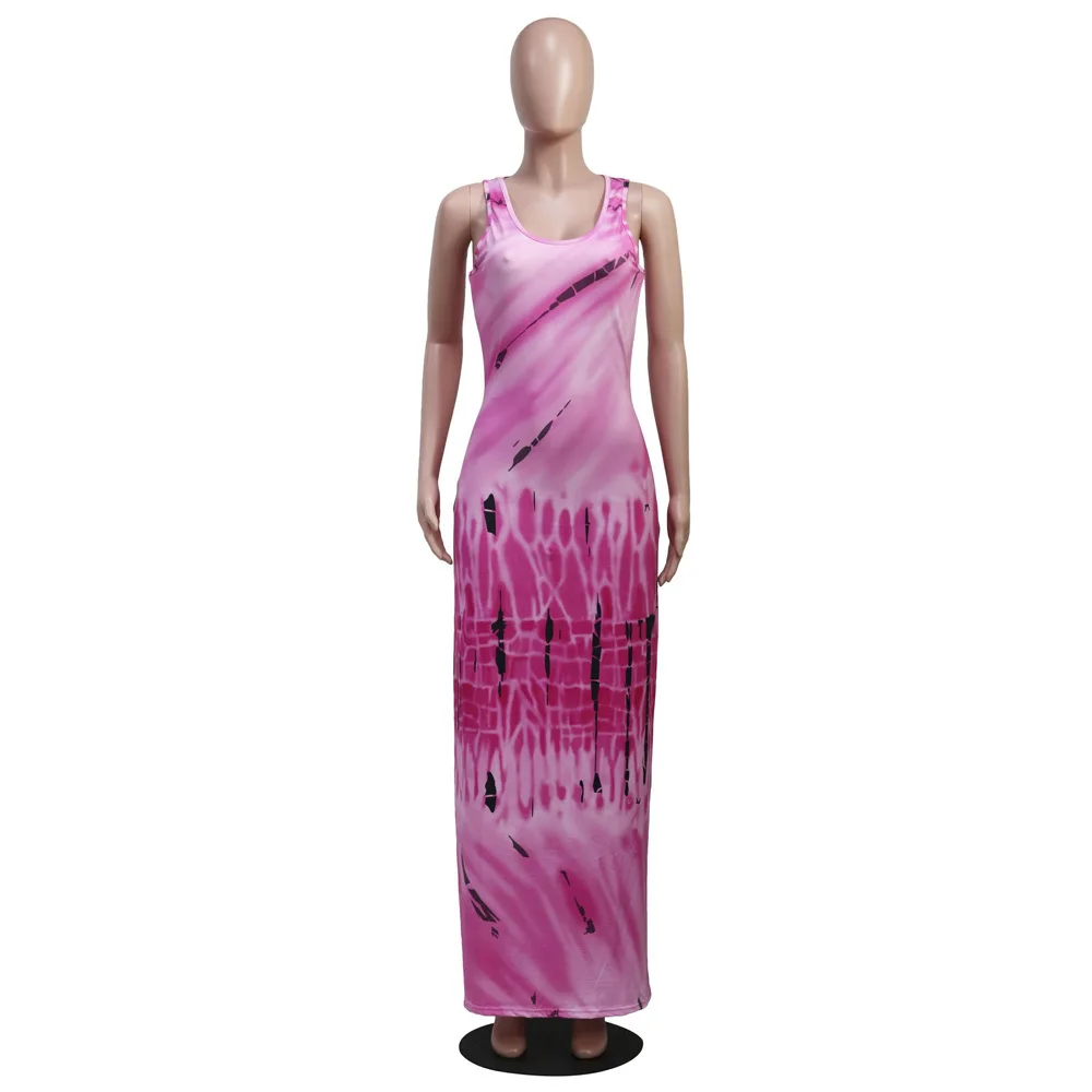 

Neon Green Tie Dyeing Print Summer Dress 2021 Women Round Neck Sleeveless Bohemian Dress Vintage High Waist Party Club Dresses
