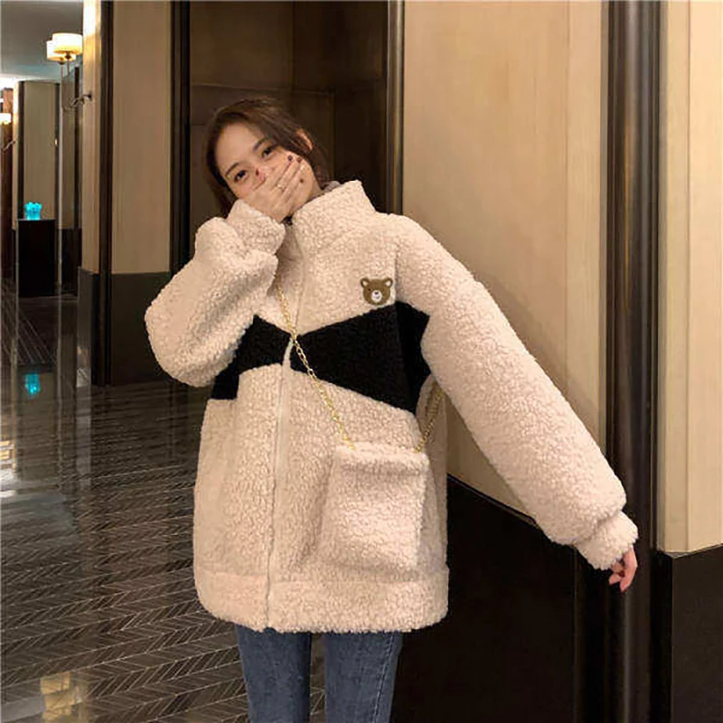 

Y2k New Autumn and Winter Overcoat Female Imitation Lamb Wool Thick Cardigan Jackets Korean Style Lazy Loose Large Size Coat