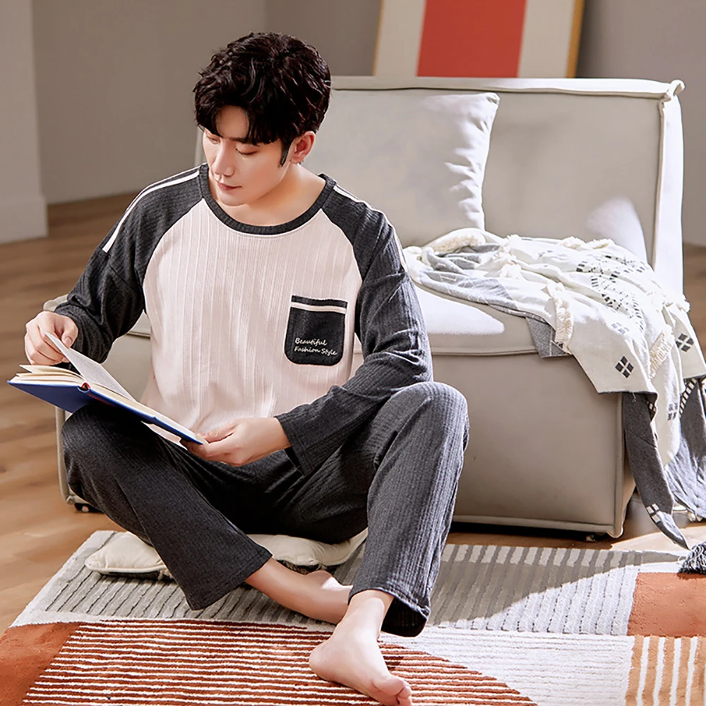 100% Cotton Men Pajama Sets Plus Size 3XL Causal Loose Long Sleeve Long Pants Letter Print Patchwork Lounge Set Male Pajamas