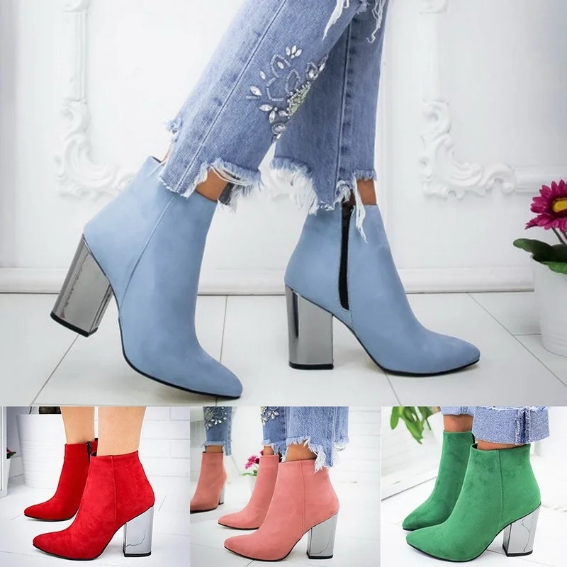 

Ankle Boots Women Thick High Heels Pointed Toe Western Cowboy Boots Female Green Red Blue Leather Shoes For Lady Autumn Size 43
