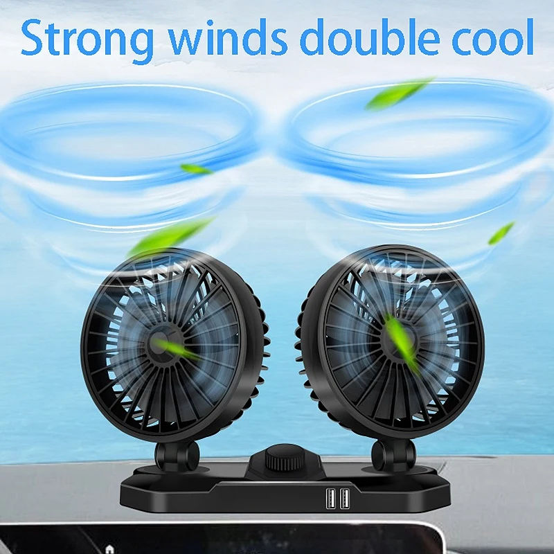 

12V 360 Two Head 2-Speed Car Dashboard Cooling Fan with Dual USB Charger for Summer Car