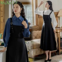 spring autumn womens two pieces dress set 2021 fashion slim puff sleeve shirtoverall skirts suit lady graceful solid blue tops