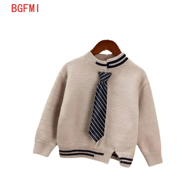 

Spring Boys Gentleman Tie Sweater Pullover Autumn Winter Knit Children's Round Neck Shirt Korean 110-150cm Kid Girl Sweater Coat