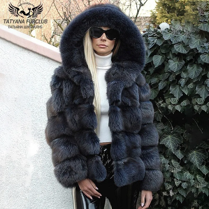 Whole Skin Genuine Blue Fox Fur Coat For Women Winter Outwear High Quality Real Fox Fur Jackets With Hood Luxury Overcoats 2022