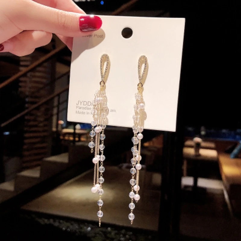

New Boho Style Ladies Earrings Crystal Pearl Long Tassel Earrings Pendant Geometric Exaggerated Fashion Jewelry Jewelry Gift