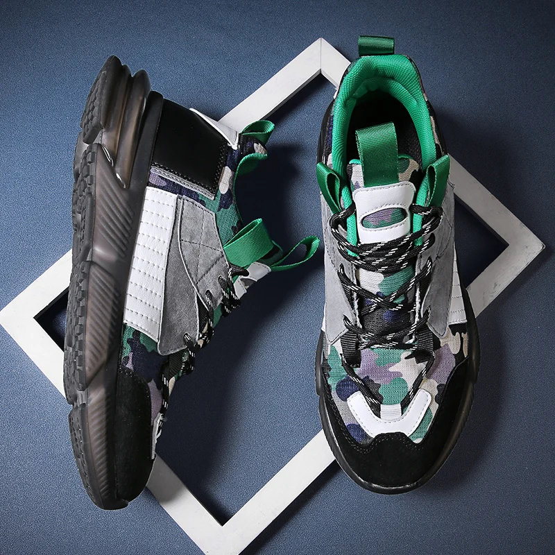 

New Men Sneakers Thick Sole Platform Daddy Shoes Leather Stitching Running Shoes for Man Chunky Outdoor Walking Shoes