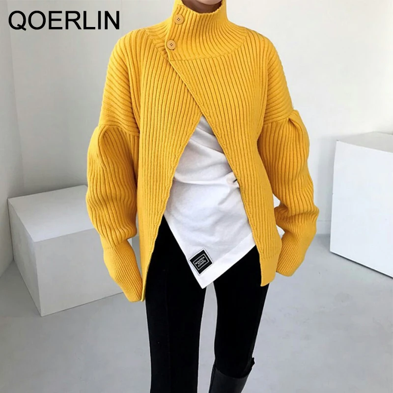 

QOERLIN Thick Winter Split Sweater Women Loose Turtleneck Sweater Jumpers Button High Neck Female Warm Knitting Pullover Tops