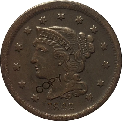 1842 Small Date США 1839-1857 Заплетенные волосы большой цент копии монет - Цвет: 1842 Small Date