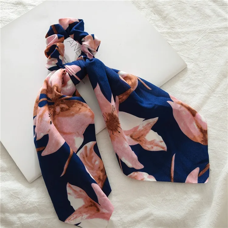 

Beach Style Flower Print Women Hair Ring Fashion Girl Hair Bands Scrunchies Horsetail Tie Solid Headwear