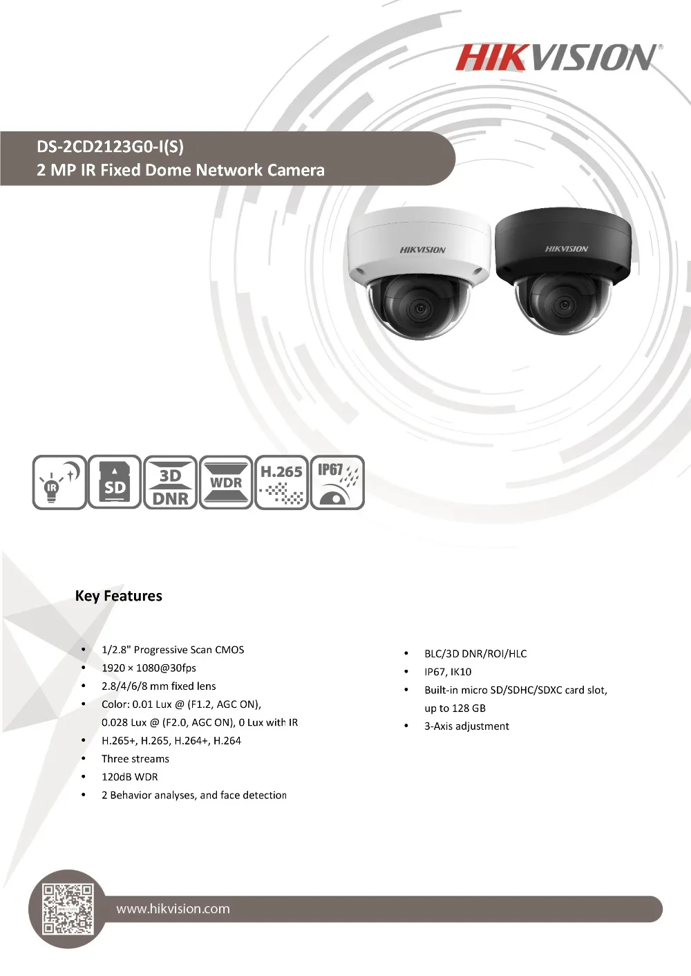 Hikvision 2MP ИК Фиксированная купольная POE ip-камера безопасности с аудио sd-картой сетевая камера IP67 ночного видения H.265 DS-2CD2123G0-IS