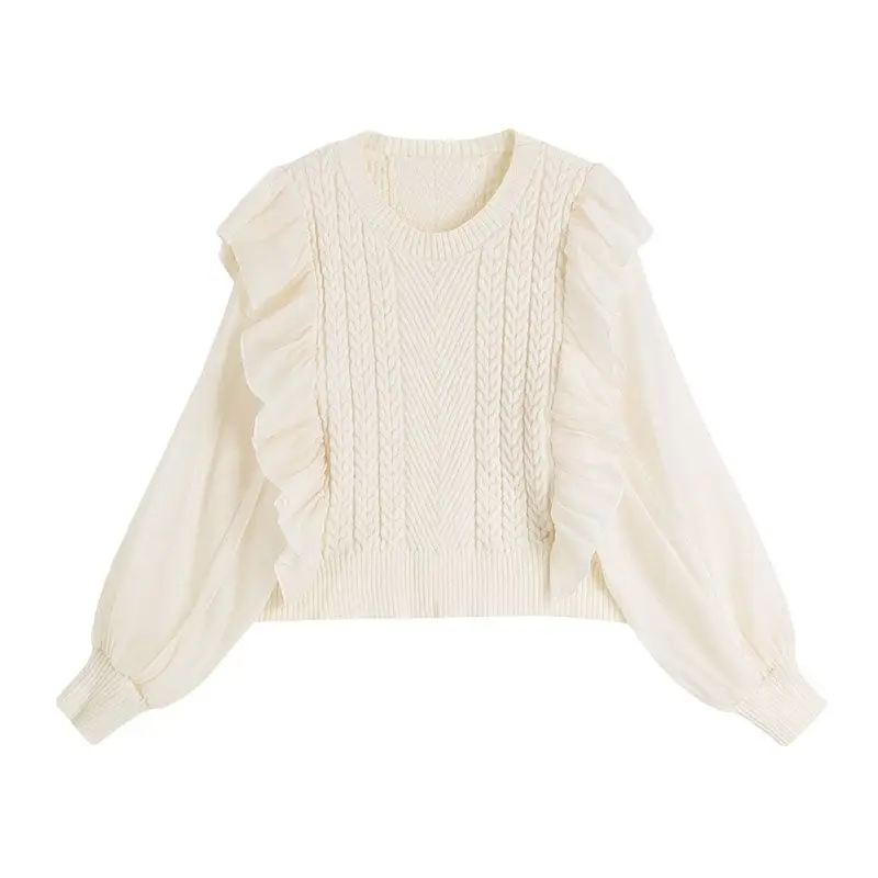 

2022 Women's Ruffle Edge Patchwork Sweater Loose Casual Knitted Pullovers Female Spring Elegant Sweet Organza Fake Two Jumper