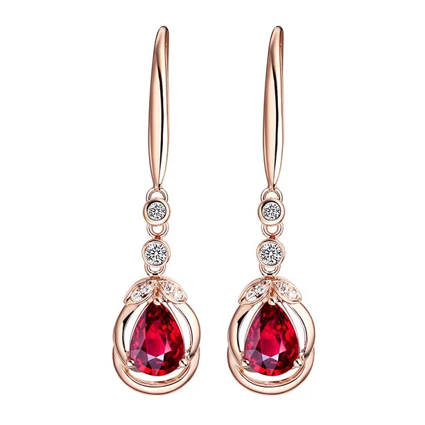 

New Style Fashion Sterling Silver Earrings Simulation Red Tourmaline Inlaid Zircon Long Earrings Rose Gold for Women Garnet Fine