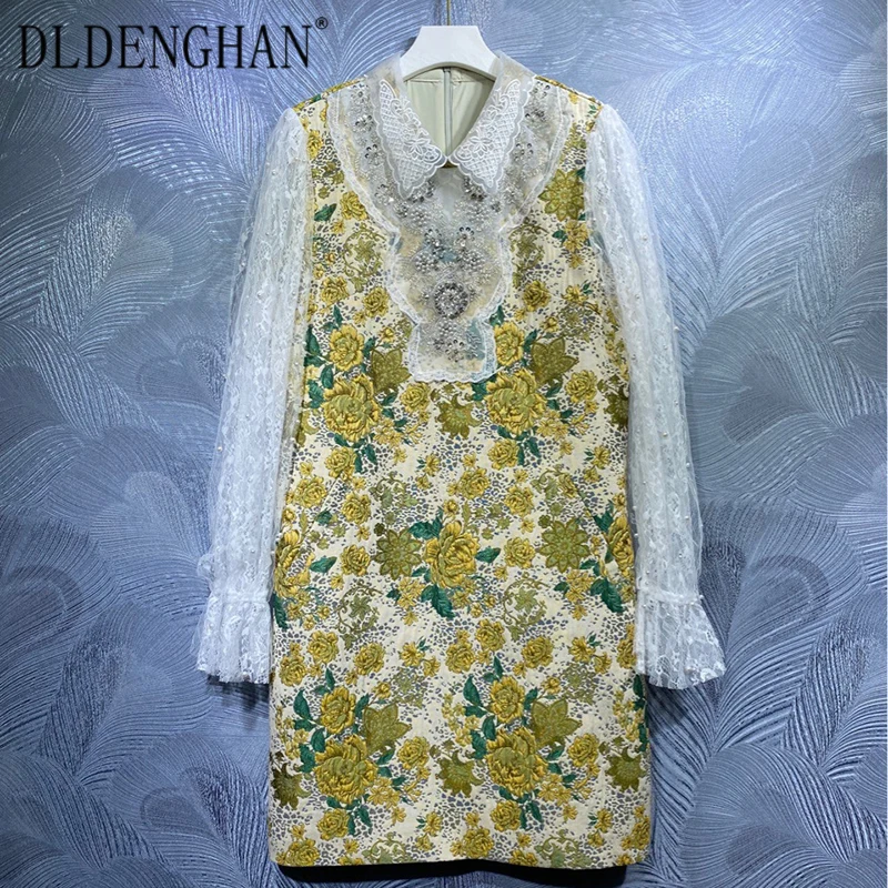 

DLDENGHAN Fashion Designer Autumn Dress Women Embroidery Turn-down Collar Flare Sleeve Flower Print Beading Mini Dresses