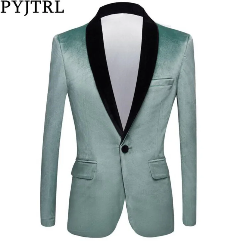 Men's suit fashion blazers turquoise shawl lapel coats velvet jacket groom wedding slim singer costume homme пиджак мужской
