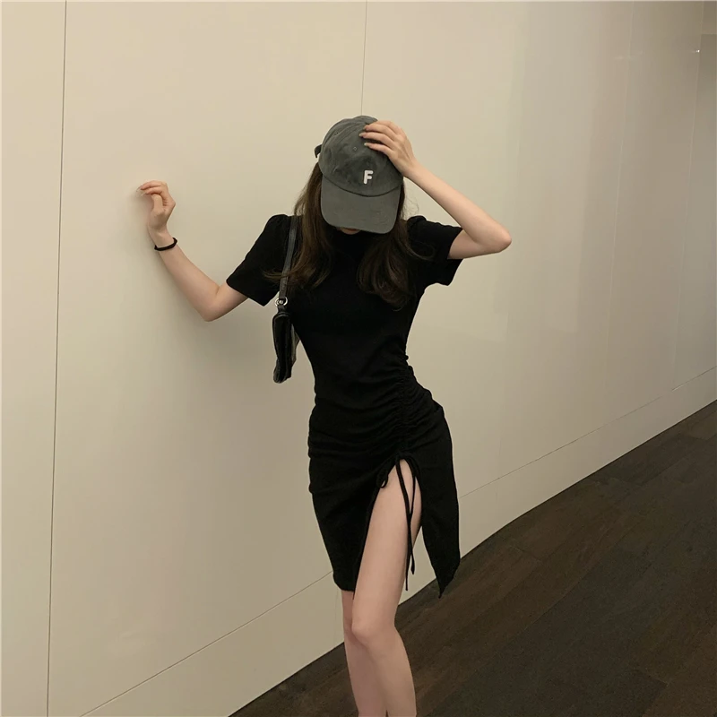 

Women Summer Fashion Short Sleeve Casual Drawstring Bodycon Beach Solid Bodycon Slim T Shirt Dress 2021 Fashion