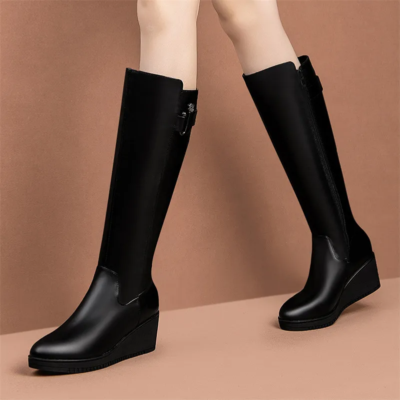 

Meotina Winter Knee High Boots Women Natural Genuine Leather Wedges High Heel Long Boots Zipper Round Toe Shoes Female Autumn 39
