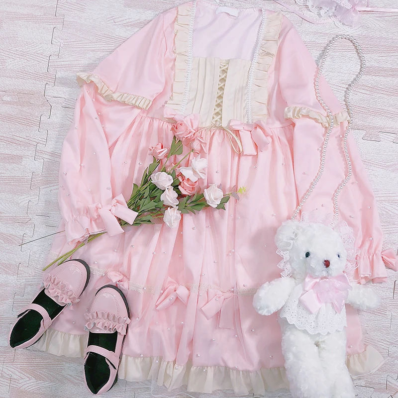 Women Ruffles Bow Lolita Dress Japanese Style Kawaii Girls Sweet Princess Fairy Vintage Mesh Cute Dresses Pink Blue Женская одежда