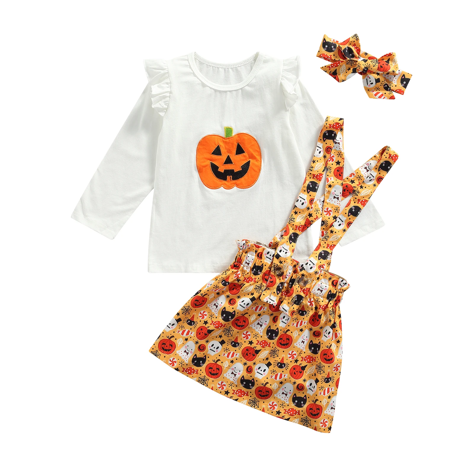 

Юбка для маленьких девочек OPPERIAYA из трех предметов, костюм на Хэллоуин, Повседневная футболка с длинным рукавом и юбка на бретелях с принтом тыквы и повязкой на голову