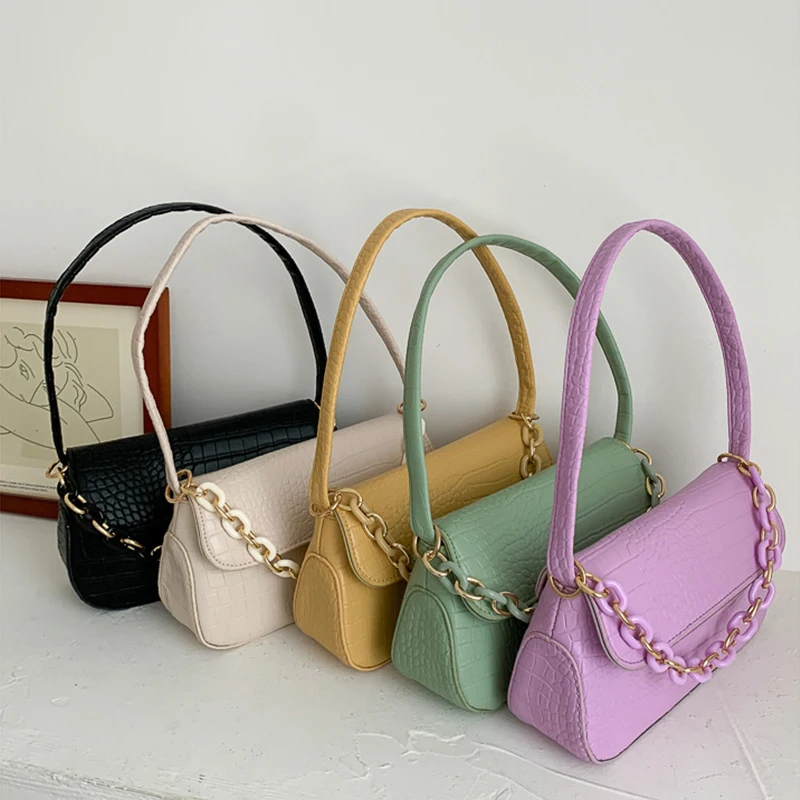 

Fashion Crocodile Pattern Baguette bags MINI PU Leather Shoulder Bags For Women 2021 Chain Design Luxury Handbag Female Travel