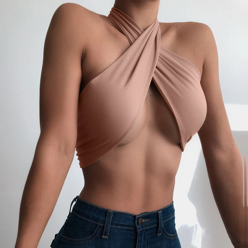 

Women Bandage Halter Criss-Cross Crop Tops Summer Chic Fashion Club Party Sexy Sleeveless Backless Tie Cami Top Black White