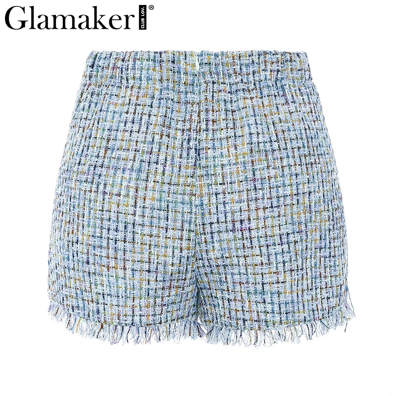 Glamaker, элегантные твидовые шорты с высокой талией, женские офисные клетчатые шорты с бахромой, винтажные сексуальные повседневные женские стильные шорты