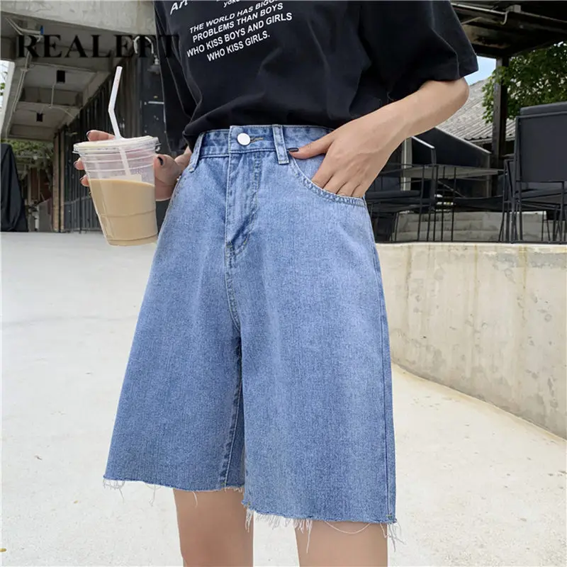 REALEFT New 2020 Summer Denim Half Pants High Waist Chic Wide Leg Jeans Korean OL Style Cowboy Loose Trousers Pocket | Женская одежда