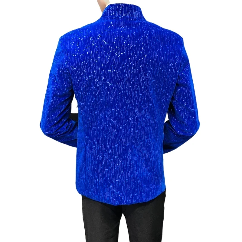 

Loldeal Men Long-sleeved Suit Jacket Fashion Solid Color Stand-up Collar Velveteen Casual Three Buttons