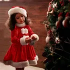 Детские Рождественские праздвечерние чные платья для девочек, флисовое платье + шапка, платье для малышей, комплект для детей, Новогодний комплект с Санта-Клаусом, одежда