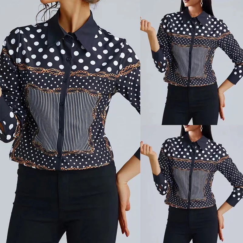 

2021 Autumn Winter New Foreign Trade Express Wish Women's Shirt Print Slim Long Sleeve Versatile Lapel Shirt