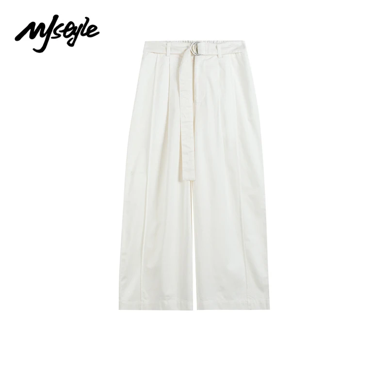 

MJstyle 2021 Fall INS Fashion Womens Loose fit Elastic Waist White Pants with Belt Wide Leg Palazzo Trousers 721040048