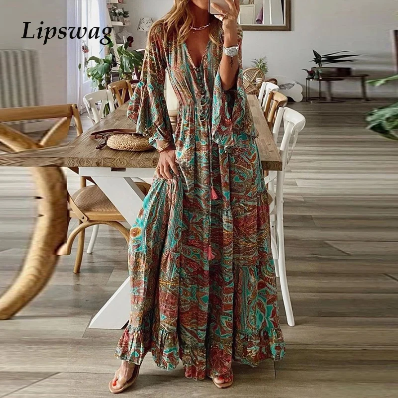 

2021 Spring V Neck Tassel Loose Maxi Dresses Autumn Flare Long Sleeve Women Party Dress Vintage Pattern Printed Boho Long Dress