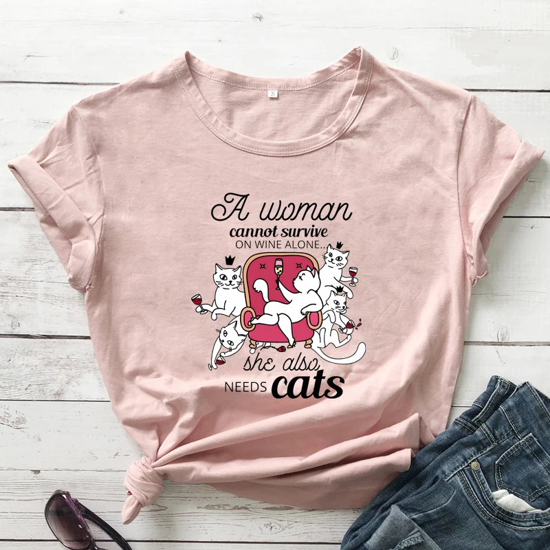 

Colored A Woman Cannot Survive On Wine Alone She Also Needs Cat T-shirt Cute Cat Lover Gift Tshirt Funny Women Drinking Tshirt