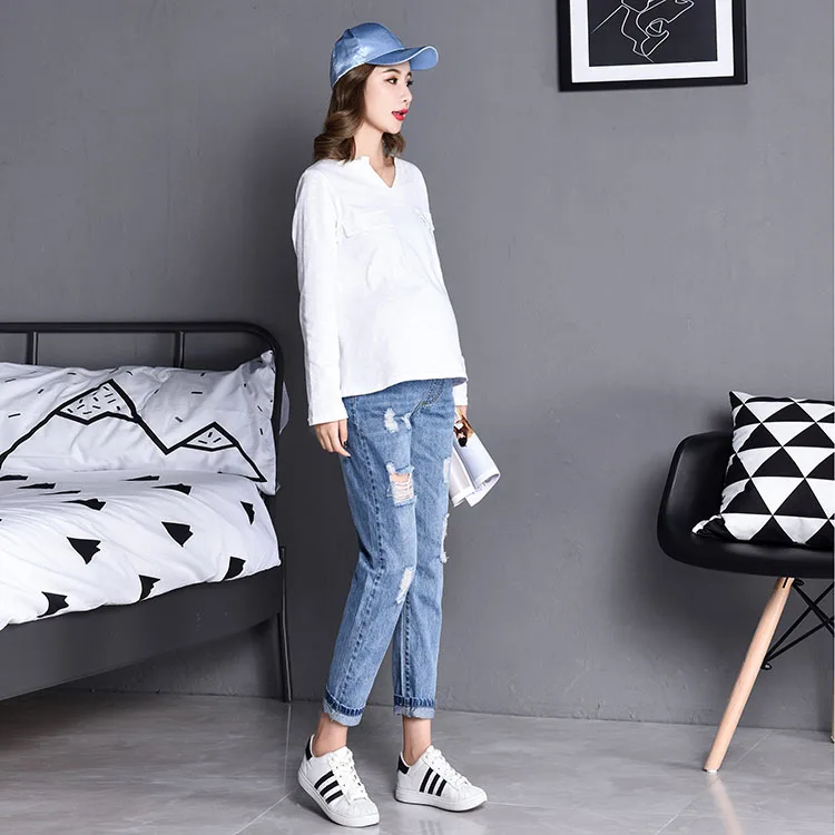 Весенне-осенние свободные джинсовые брюки для беременных 2019 с дырками