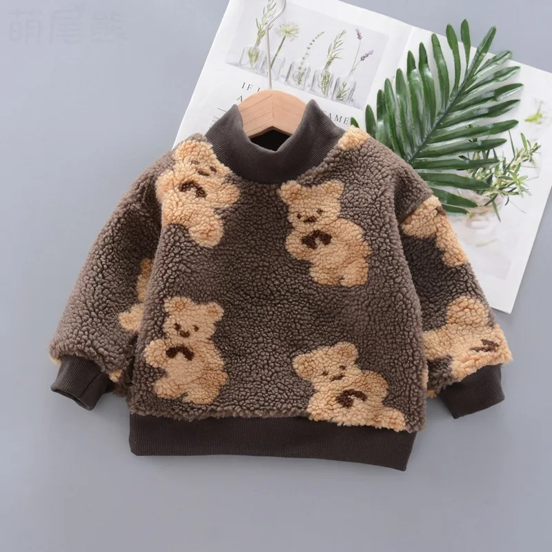 

2020 Winter Baby Girls Long Sleeve Cartoon Bear Thick Fleece Pullover Hoodies Children Kids Sweatshirt Boys Clothes